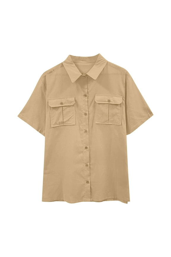 Men's Cotton Linen Short Sleeve Shirts Unisex Casual Lightweight Button Shirts Vacation Beach Summer Tops with Pocket Khaki XL