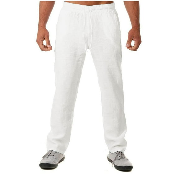 Dezsed Men's Drawstring Linen Pants Casual Summer Beach Loose Trousers Lightweight Beach Pants with Pockets White XL