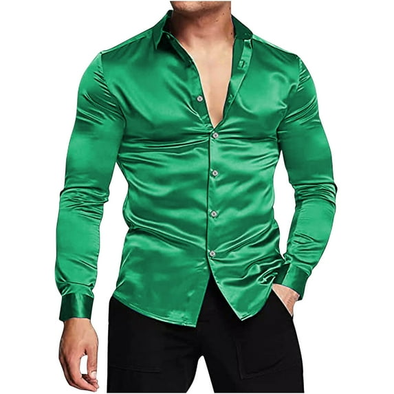 Brglopf Men's Dress Shirts Button Down V-Neck Party Wedding Silk Satin Shirt Long Sleeve Slim Fit Solid Color Muscle Shirts