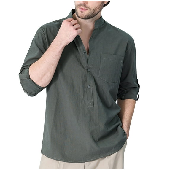 Brglopf Men's Fall Shirts Casual Trendy Half Button Stand Collar Shirts Roll Long Sleeve Loose Fit Vacation Shirts with Pocket
