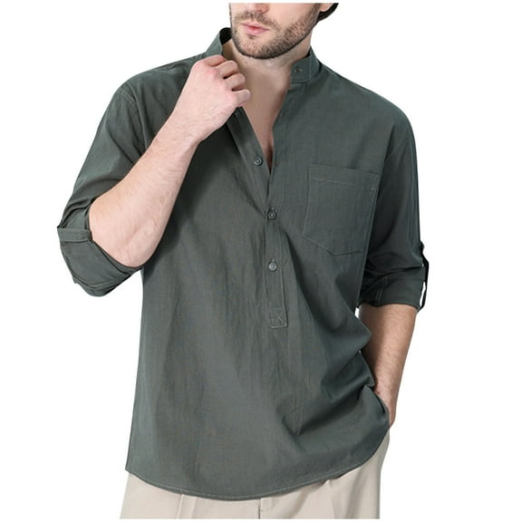 Brglopf Men's Fall Shirts Casual Trendy Half Button Stand Collar Shirts Roll Long Sleeve Loose Fit Vacation Shirts with Pocket