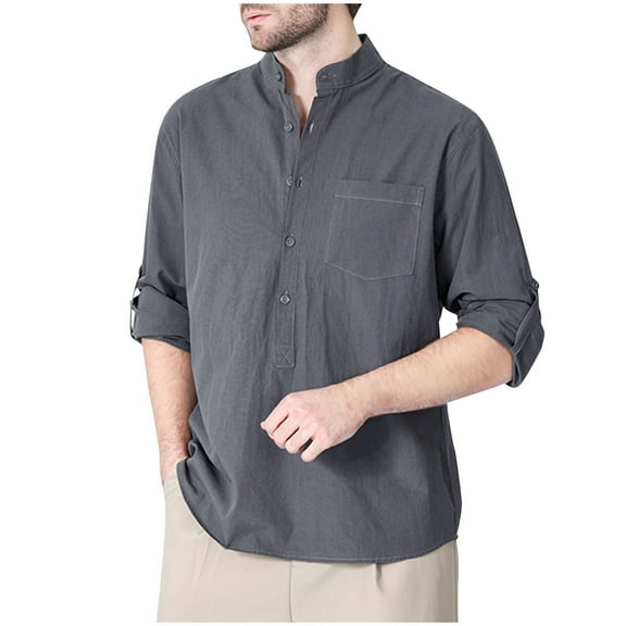 Brglopf Men's Fall Shirts Casual Trendy Half Button Stand Collar Shirts Roll Long Sleeve Loose Fit Vacation Shirts with Pocket