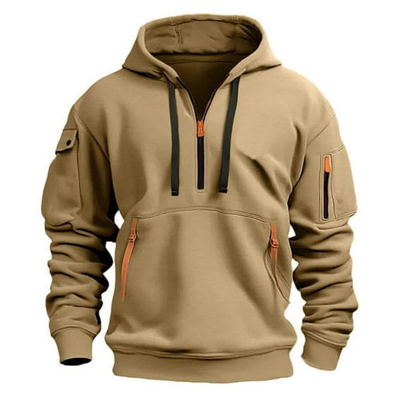 Dezsed Men's Fleece Hoodies Casual Long Sleeve Drawstring 1/4 Zipper Athletic Workout Pullover Sweatshirts for Men Khaki S