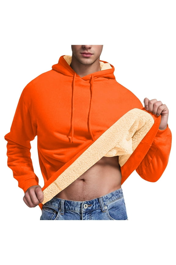 Men's Heavyweight Hoodies Winter Warm Sherpa Fleece Lined Pullover Thick Winter Hooded Sweatshirt Orange M