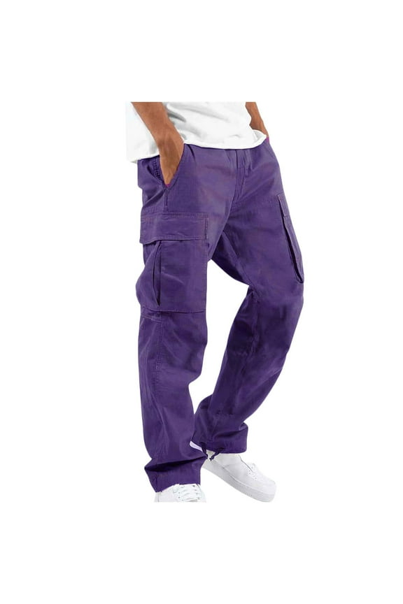 Men's Loose Cargo Work Pant Men Solid Casual Multiple Pockets Outdoor Straight Type Fitness Pants Cargo Pants Trousers Purple S