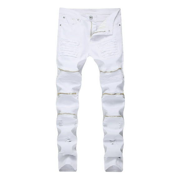 Dezsed Men's Slim-Fit Stretchy Ripped Jeans Clearance Men's New Tight-fitting Ripped Straight Hip-hop Stretch Motorcycle Denim Trouser White XL(34)