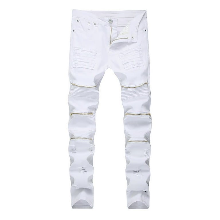Dezsed Men's Slim-Fit Stretchy Ripped Jeans Clearance Men's New  Tight-fitting Ripped Straight Hip-hop Stretch Motorcycle Denim Trouser  White XL(34) 