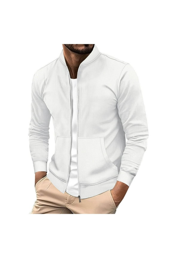 Men's Solid Color Long Sleeved Stand Up Collar Zipper Cardigan Jacket White L