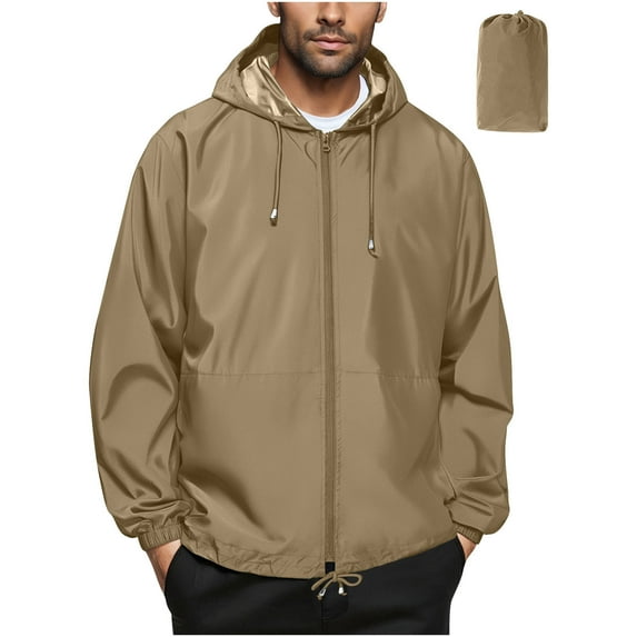 Dezsed Men's Solid Color Outdoor Water Proofing Climb Sport Run Pocket Zipper Long Sleeved Hooded Khaki XXL