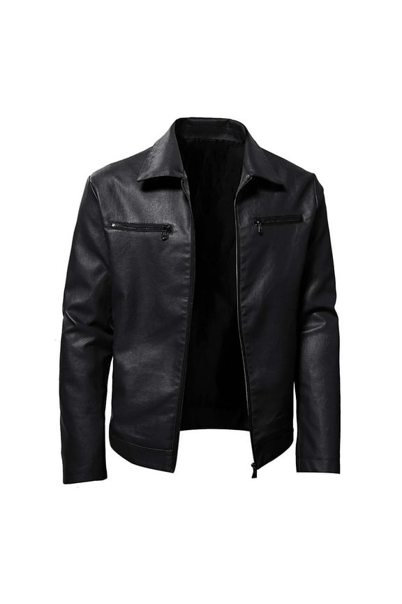 Men's Stand Collar Leather Jacket Men's Fashion Autumn Motorcycle Lightweight Faux Leather Outwear Casual Tops Coats Outwear Black L
