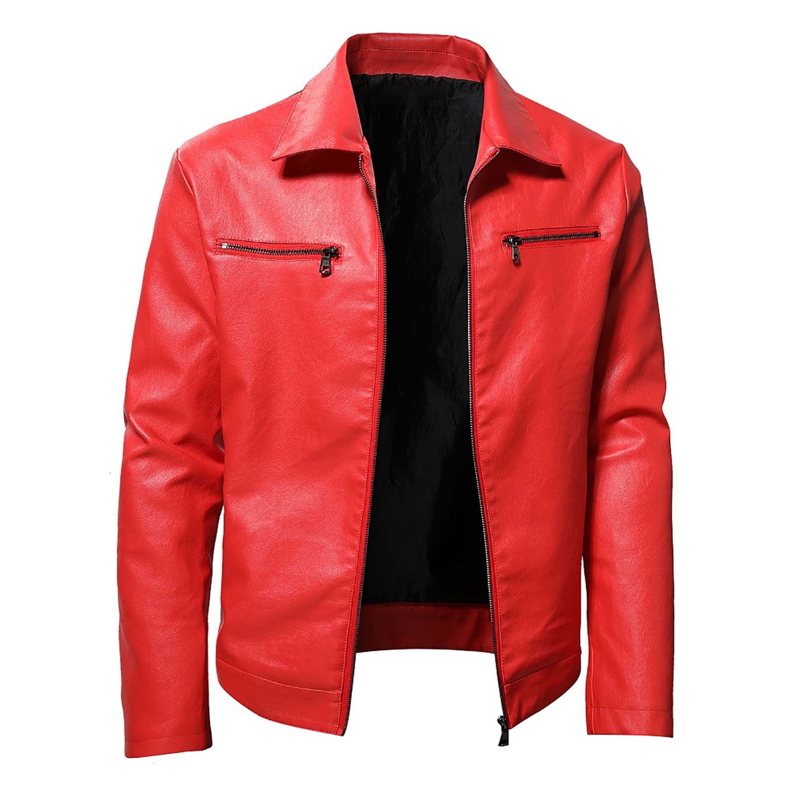 Dezsed Men's Stand Collar Leather Jacket Men's Fashion Autumn Motorcycle Lightweight Faux Leather Outwear Casual Tops Coats Outwear Red M