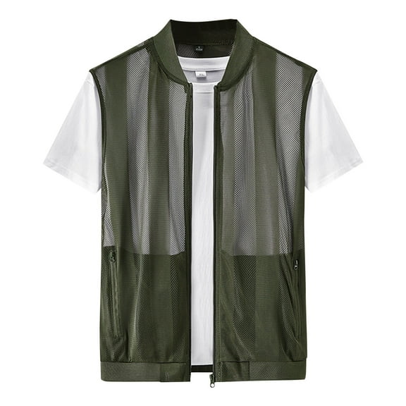 Dezsed Men's Summer Casual Lightweight Breathable Mesh Cycling Travel Zip Vest Outdoor Work Fishing Sleeveless Jacket Army Green M