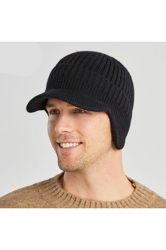 Dezsed Men's Thick Wool Hat Fall And Winter Outdoor Warm Ear Protection Knitted Hat on Black