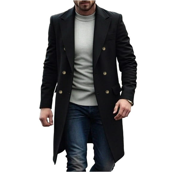 Dezsed Men's Windbreaker Double Breasted Woolen Coat Woolen Coat Solid Color Men's Casual Windbreaker Black XL