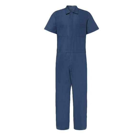 Dezsed Men's Zipper Overalls Lapel Jumpsuit Short Sleeve Work Coverall with Multi Pockets Oversize Thin Breathable Suit Blue XL