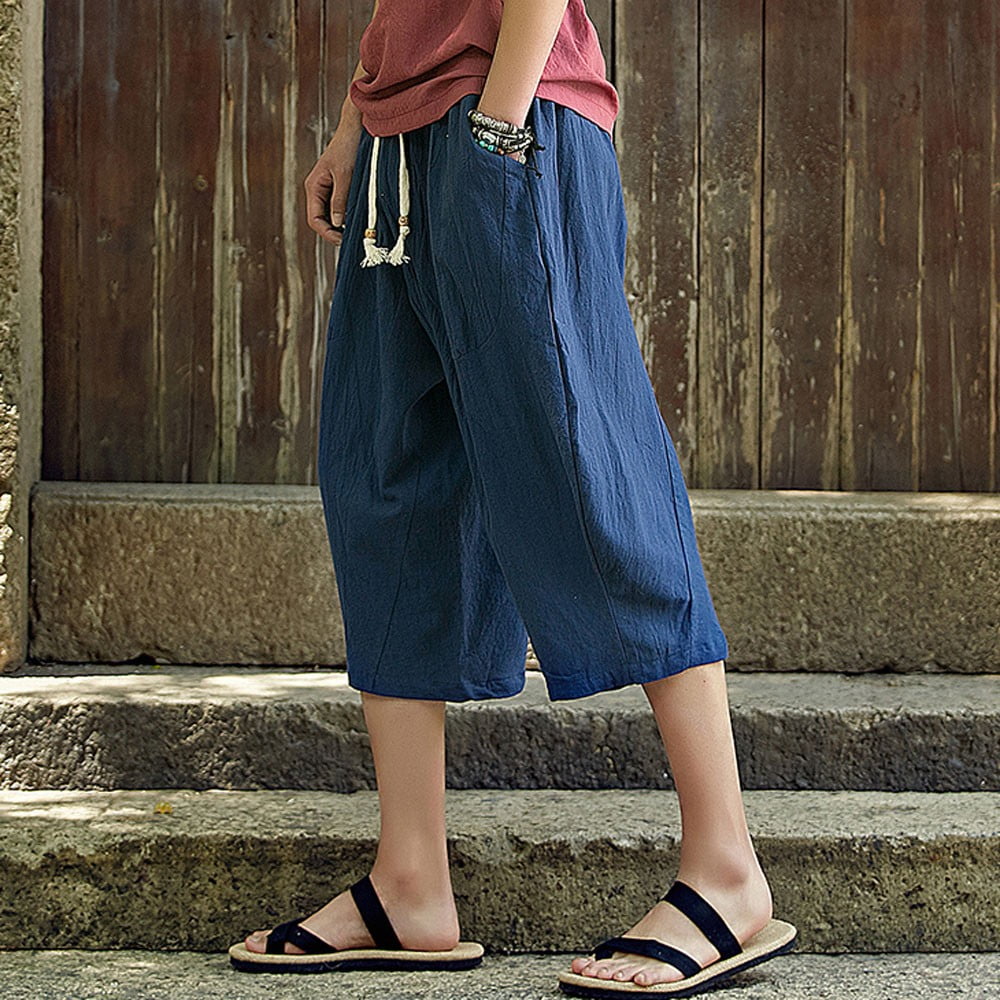 DOSLAVIDA Pantaloni Capri da uomo casual in lino, leggeri, vestibilità larga, pantaloni harem a 3/4 con coulisse, pantaloncini lunghi per yoga e spiaggia, A-blu, XS