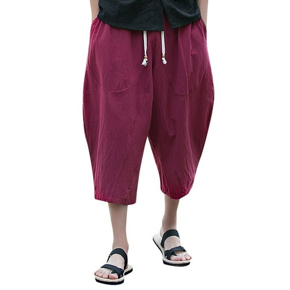 Dezsed Mens Capri Long Shorts Harem Pants Men's Casual Slim Sports Pants Calf-Length Linen Trousers Baggy Harem Pants Wine Red 4XL
