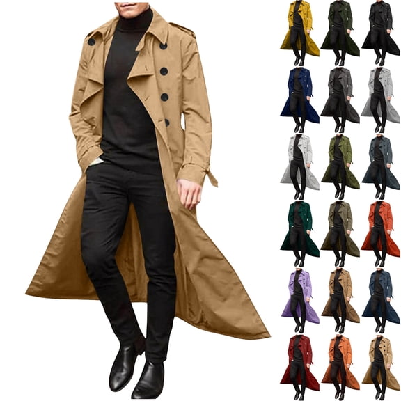 Dezsed Mens Double Breasted Long Trench Coat Classic Notch Lapel Jacket Casual Slim Fit Windbreaker Lightweight Fall Winter Overcoat for Men Brown S