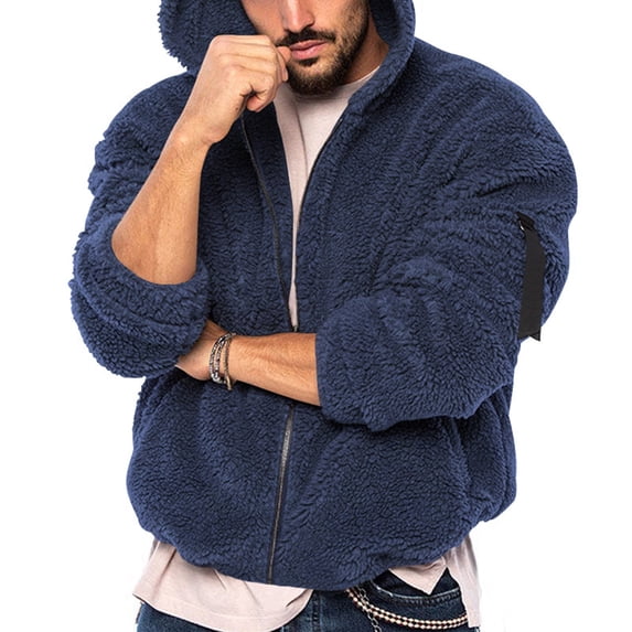Dezsed Mens Fuzzy Sherpa Jacket Cardigan Pullover Sweater Stand Collar Elastic Solid Color Half Sweater for Men Stand-up Collar Sweater Navy L