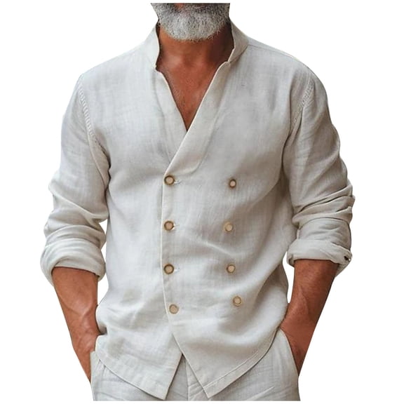 Brglopf Mens Long Sleeve Shirts Dressy Casual Double-Breasted Wedding Shirts Comfy Loose Fitted Stand Collar Vacation Shirt