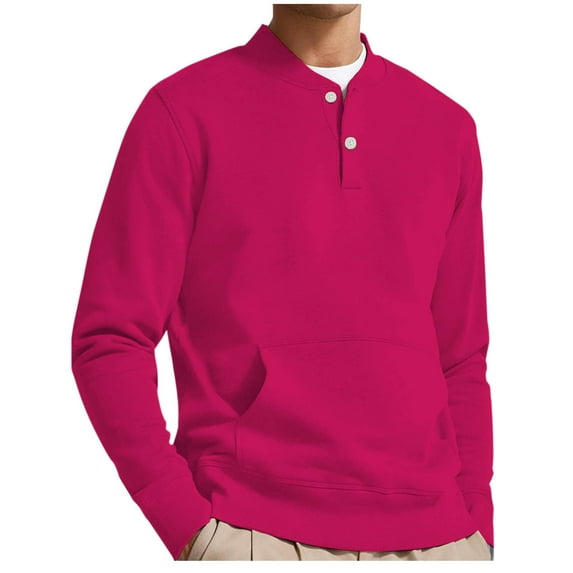 Dezsed Mens Sweatshirt Henley Shirts Long Sleeve Stand Collar Button Casual Pullover Lightweight Quilted Sweater Hot Pink 5XL