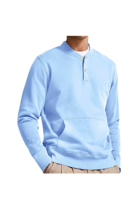 Dezsed Mens Sweatshirt Henley Shirts Long Sleeve Stand Collar Button Casual Pullover Lightweight Quilted Sweater Light Blue 4XL