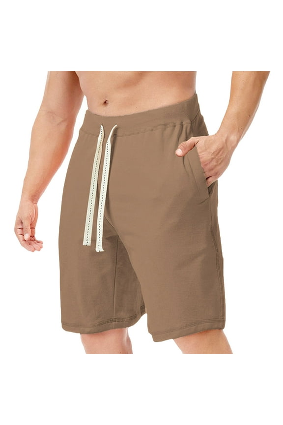 Mens Workout Sweat Shorts 5 Inch Cotton Casual Elastic Waist Straight Fitness Running Shorts with Pockets Khaki M