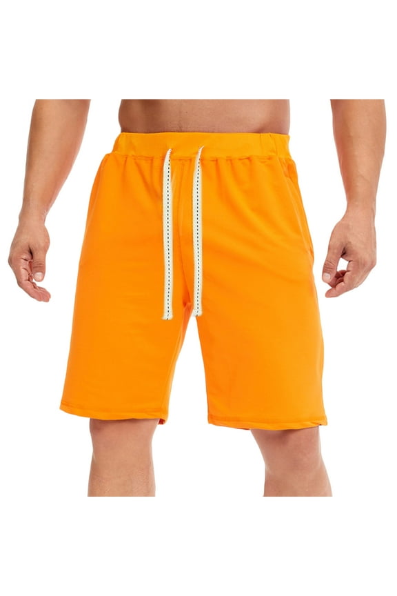 Mens Workout Sweat Shorts 5 Inch Cotton Casual Elastic Waist Straight Fitness Running Shorts with Pockets Orange S