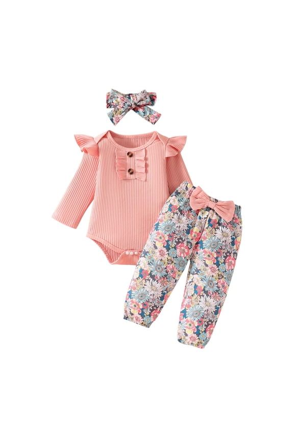 Newborn Infant Girl Clothes Ribbed Romper Bodysuit Floral Pants Set Fall Winter Outfits Three Piece Set for 0-3 Months Pink