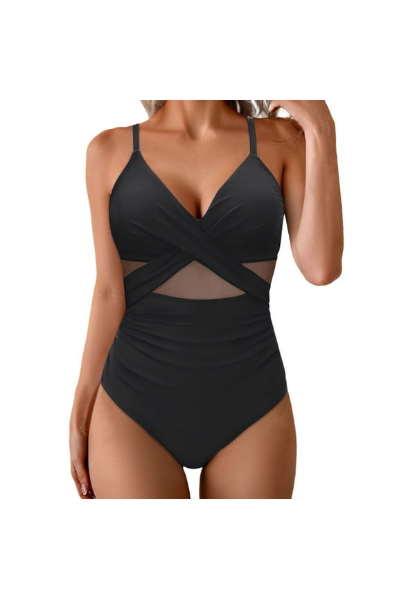 One Piece Swimsuit for Women Tummy Control Mesh High Waisted Bathing Suit Wrap Tie Back Swimwear Black XXL