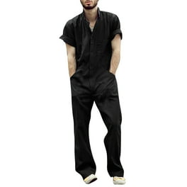 Odeerbi Jumpsuits for Men Zipper Overalls With Lapel Solid Color Jumpsuit Black