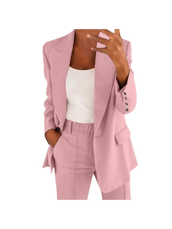 Pant Suits for Women Dressy Casual 2 Piece Outfits Solid Color Open Front Blazer and Dress Pants Set Business Casual Outfits, Work Office Sets Pink M