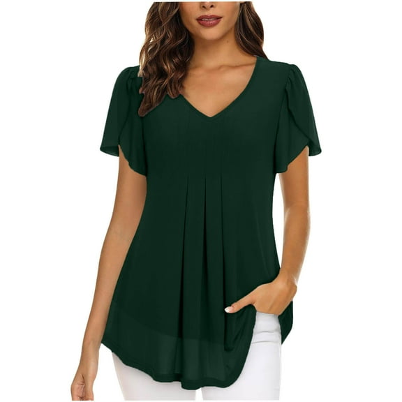 Dezsed Plus Size Blouse for Women Fashion Chiffon Solid Color Casual V-Neck Short Sleeve Shirt Tops Green S