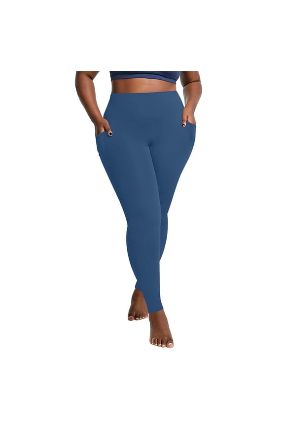 Plus Size Leggings for Women with Pockets-Stretchy Yoga Pants Tummy Control High Waist Workout Leggings Blue 2XL