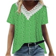 thumbnail image 1 of Dezsed Plus Size Tops for Women Casual Printing Shirts Short Sleeve Loose Tops V Neck Lace Stitching Blouse Green XXL, 1 of 9