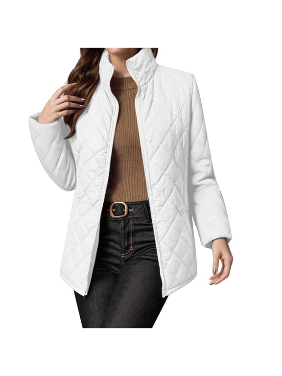 Quilted Jackets for Women Lightweight Button Down Stand Collar Puffer Coat Mid Length Winter Warm Casual Outerwear with Pockets White L