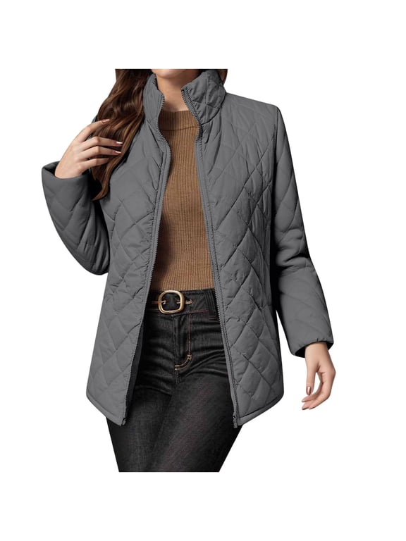 Quilted Jackets for Women Lightweight Long Sleeve Button Down Puffer Jacket Warm Winter Coat Outerwear with Pockets Gray M