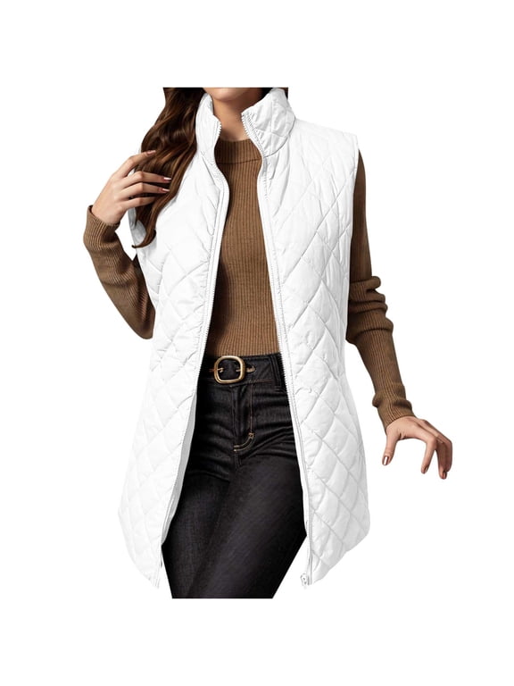 Quilted Jackets for Women Lightweight Sleeveless Button Down Puffer Jacket Warm Winter Coat Outerwear with Pockets White S