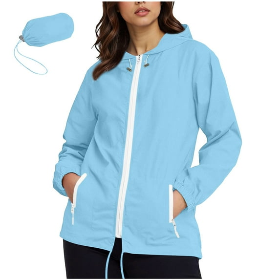 Dezsed Rainproof Jacket For Women Waterproof And Zipper Jacket Quarter Sleeve Hooded Jacket Raincoat Jacket With Pockets Light Blue M