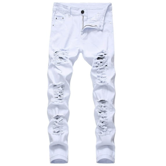 Dezsed Ripped Distressed Jeans for Men SlimDenim Pants Men's Fashion Design Streetwear Destroyed Jeans Pants Stretch Fit White XL