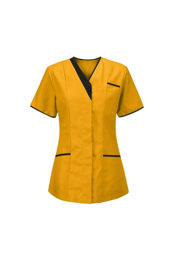 Scrubs for Women Mock Wrap Top Short Sleeve V-Neck Workwear Soft Stretch Easy Care Nurses Tunic Uniform Khaki S