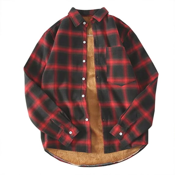 Dezsed Shacket Jacket Men Men's Plush Thick Warm Plaid Shirt Autumn And Winter Jacket Red XXL