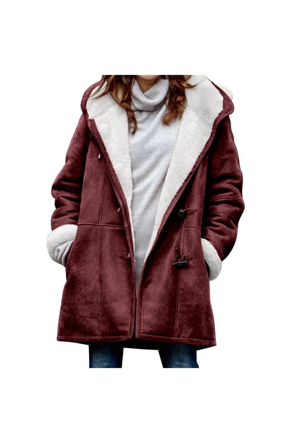 Sherpa Fleece Outerwear Overcoat Women Plus Size Double Breasted Hooded Solid Color Plus Velvet Coat Long Sleeve Horn Buckle Pocket Overcoat Wine L