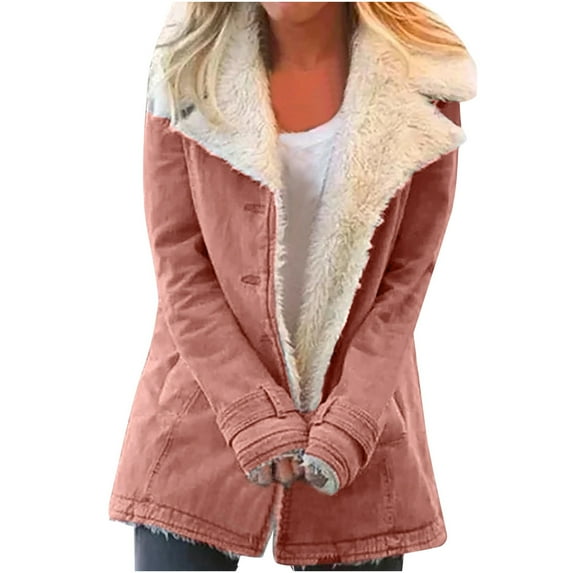 Dezsed Sherpa Jackets for Women Plus Size Winter Warm Faux Lined Coat Oversized Thermal Fuzzy Fleece Jacket Outwear Pockets Plush Button Lapels Jacket Coat Pink M