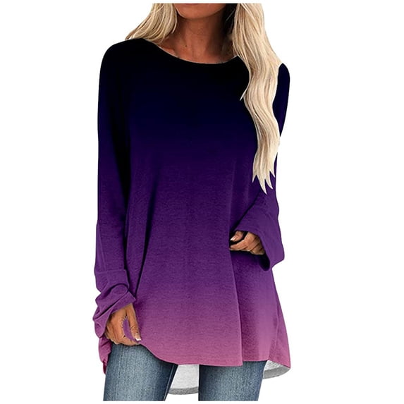 Dezsed Shirts for Women Plus Size Tunic Dressy Top Women Casual Round Neck Gradient Printed T-Shirt Loose Long Sleeve Tops Solid Blouse Purple XL