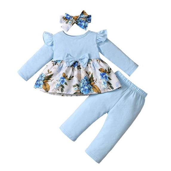 Dezsed Spring Fall Baby Girls Clothing Set Girls' Casual Long Sleeve Tops Round Neck Collar Botton Solid Long Pants Sets for 18-24 Months Blue