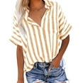 thumbnail image 1 of Dezsed Summer Button Up Striped Shirts for Women Casual Loose Short Sleeve Blouses Office Work Tunic Tops Yellow XL, 1 of 8