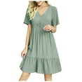 thumbnail image 1 of Dezsed Summer Dresses for Women 2025 Short Sleeve V Neck Pleated Flowy Tiered Loose Casual Dress A-Line Ruffle Dresses Green M, 1 of 8