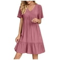 thumbnail image 1 of Dezsed Summer Dresses for Women 2025 Short Sleeve V Neck Pleated Flowy Tiered Loose Casual Dress A-Line Ruffle Dresses Red XL, 1 of 6
