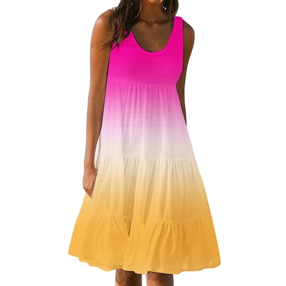 Dezsed Summer Dresses for Women Beach Boho Sundress Casual Loose Sleeveless Ruffle Flowy Pleated Tshirt Tank Dress Gold 2XL